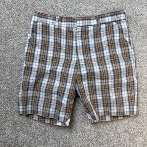 Vintage Gimbels Chino Shorts Mens 34 Beige Plaid Flat Front Casual 9" Inseam